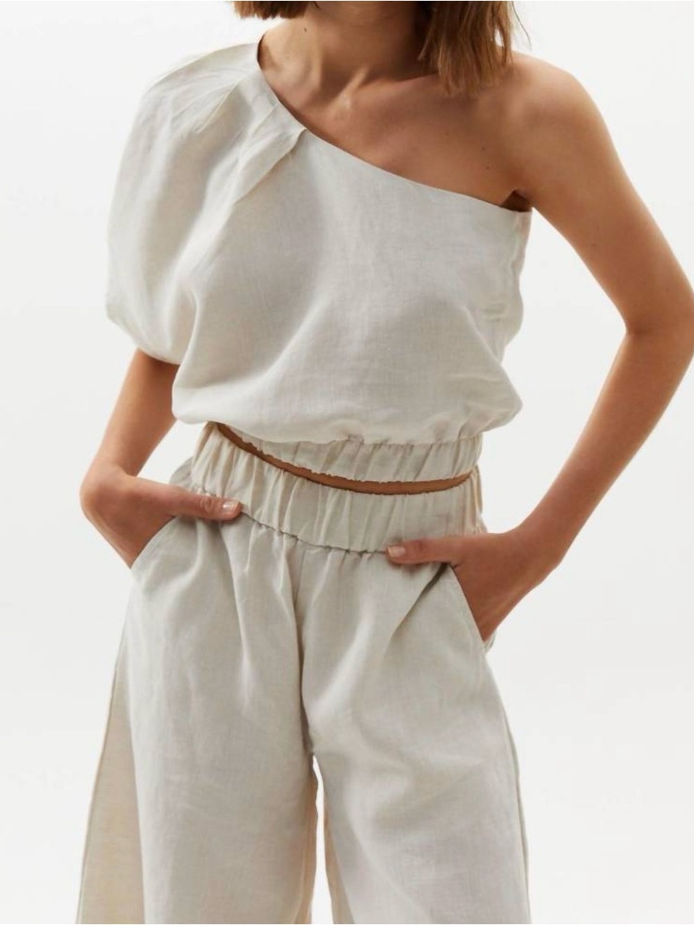 Lanhtropy White Linen Asymmetrical One-Shoulder Tulip Cropped Top M Linen NWT